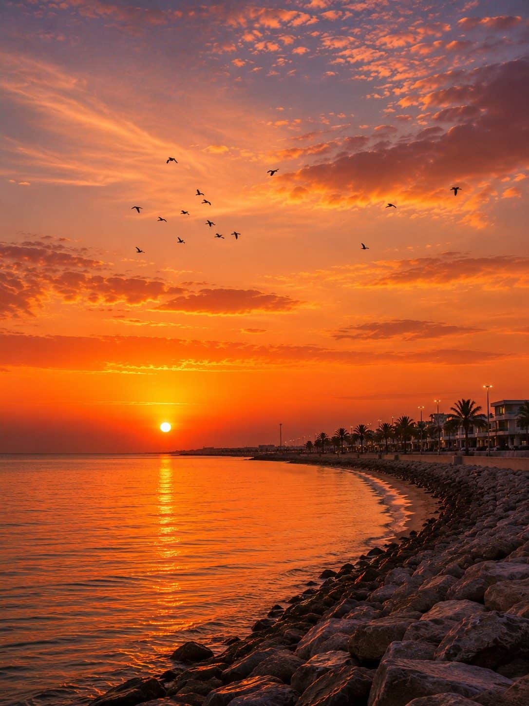 A golden sunset over the sea on a Royal Marine Tours coastal cruise from Al Mouj Marina, Muscat