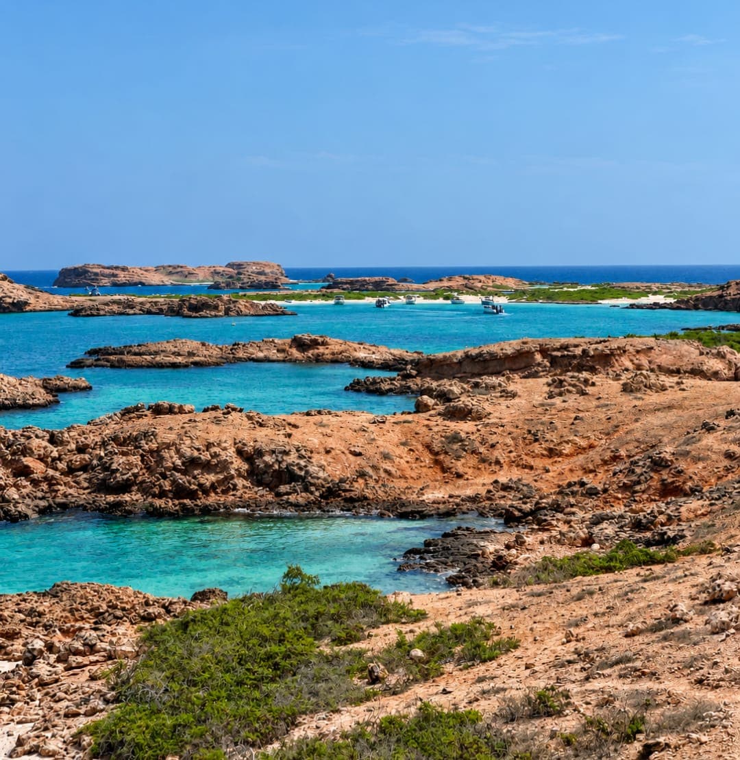 Rocky Daymaniyat islands and sheltered turquoise lagoons seen from above