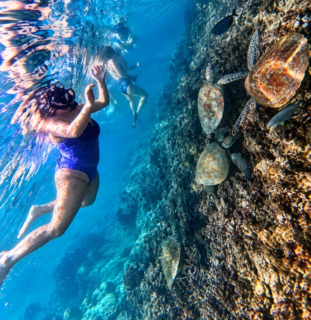 A freediver swimming along a reef wall with sea turtles at the Daymaniyat Islands