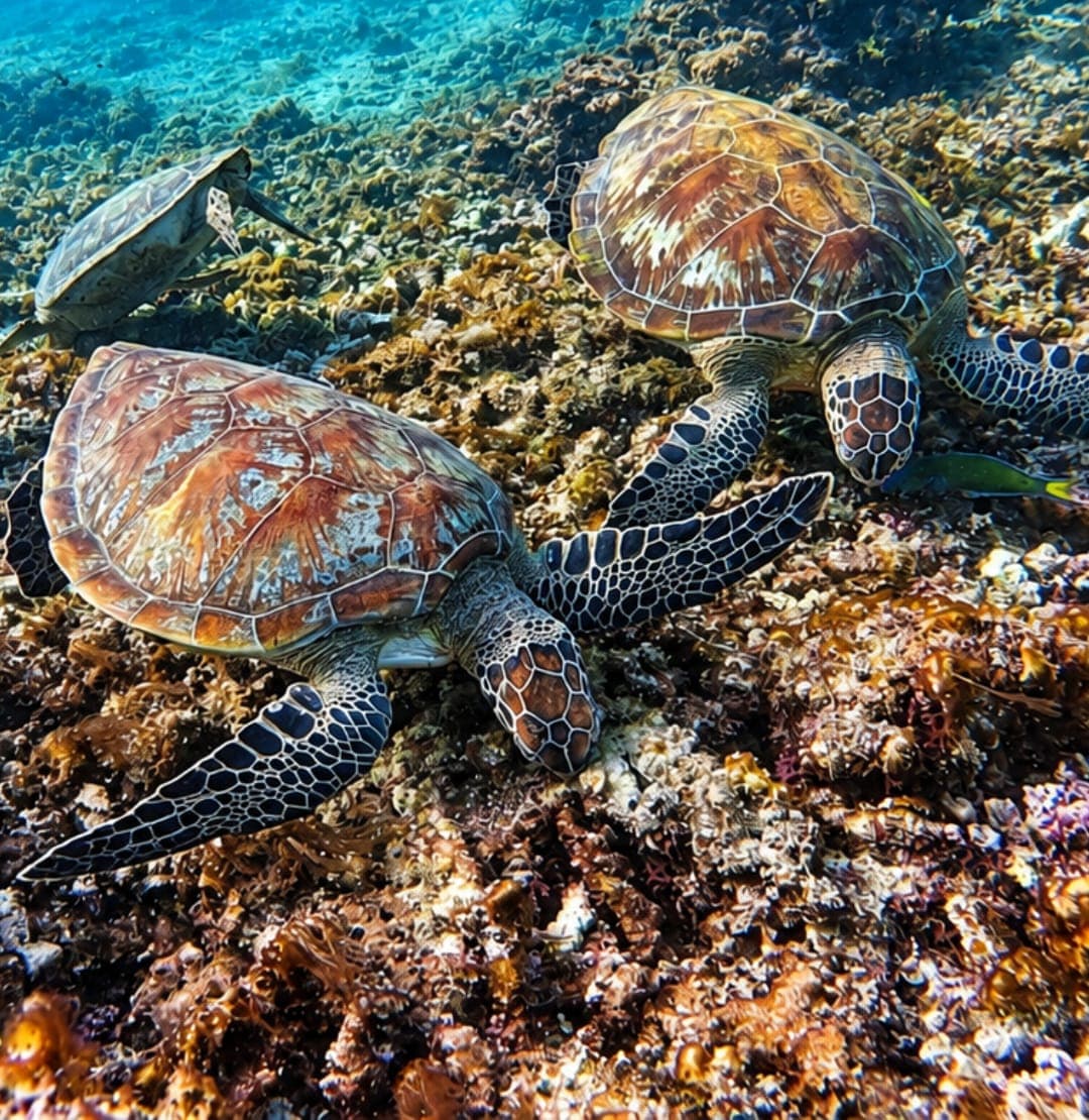 Two green sea turtles feeding on the coral reef at the Daymaniyat Islands, Oman