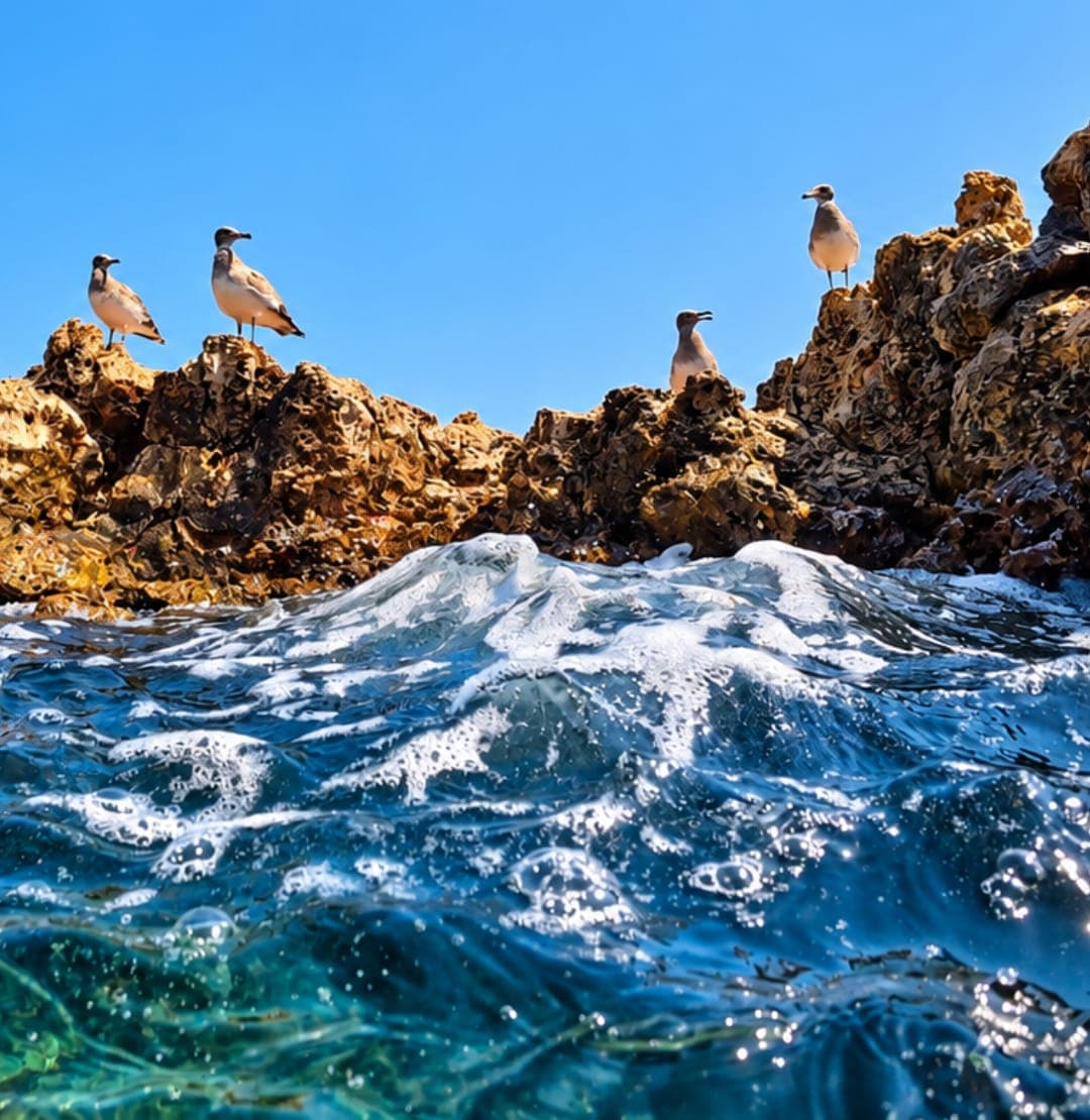 Seabirds perched on rocks above the waves at the Daymaniyat Islands