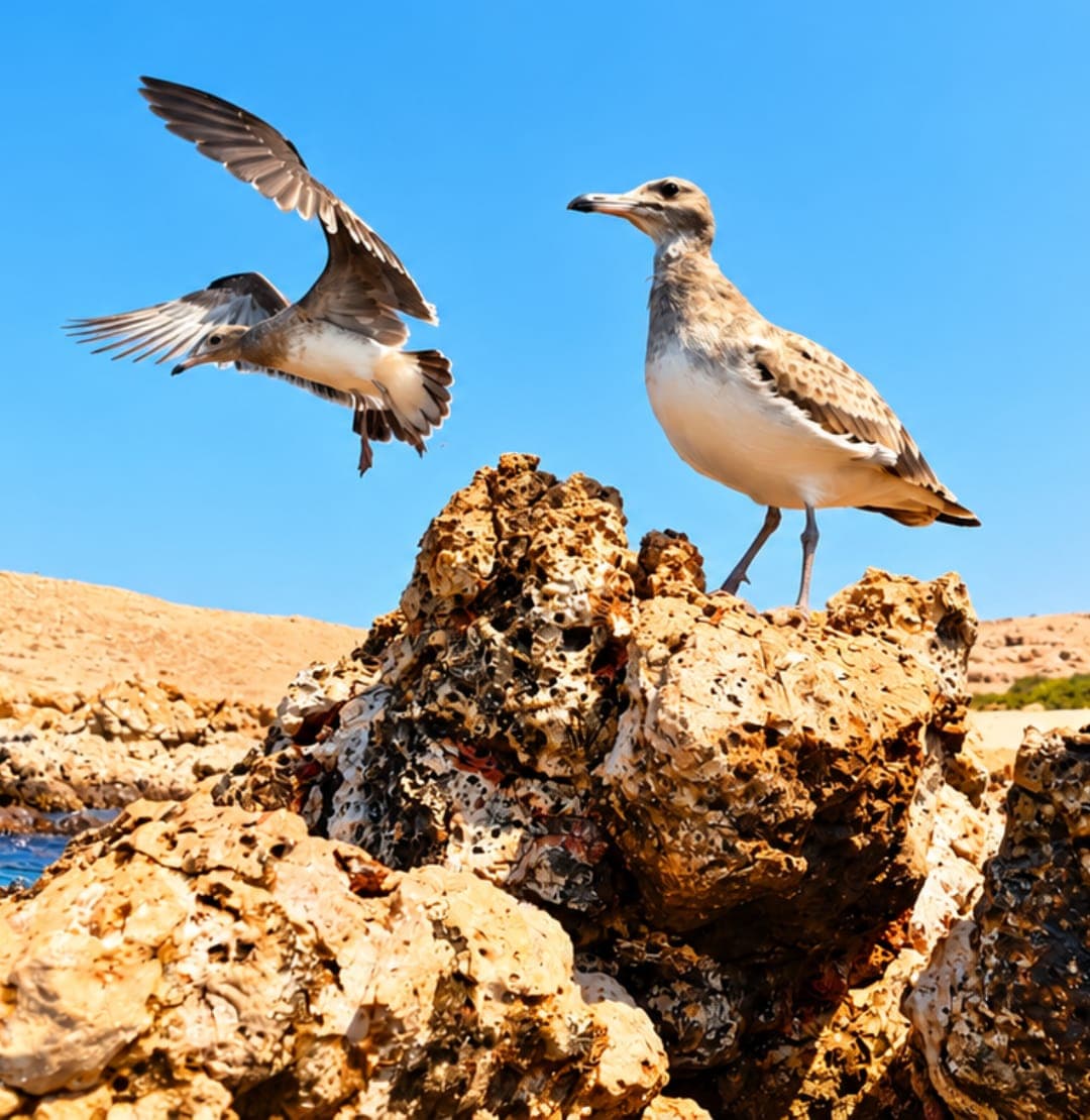 A seagull landing beside another on the rocks of a Daymaniyat island
