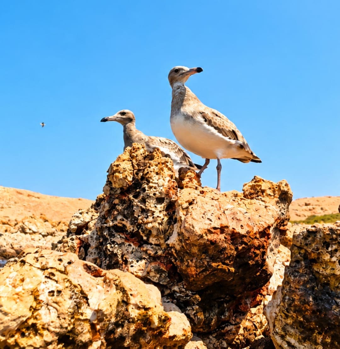 Two seagulls standing on golden rocks at a Daymaniyat island
