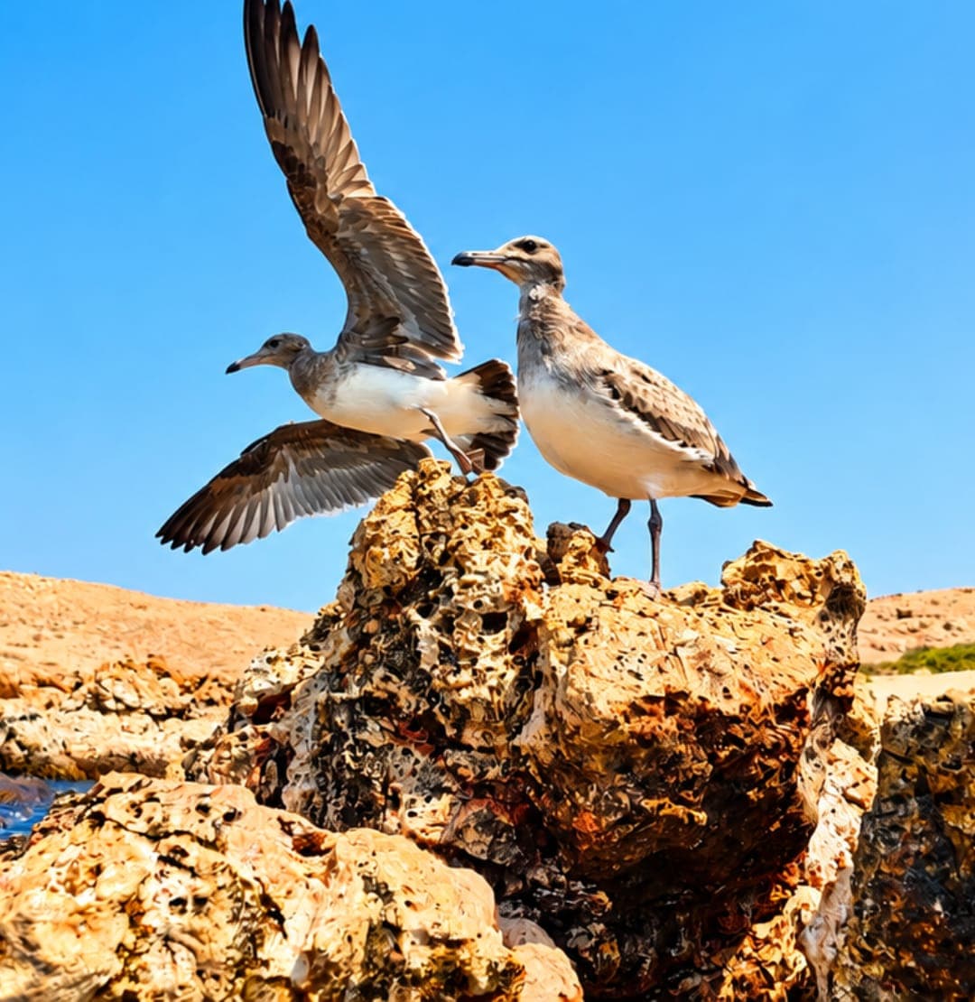 Seagulls taking flight from the rocks of a Daymaniyat island under a blue sky