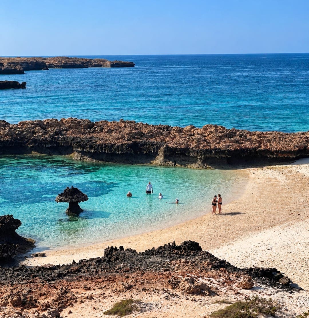 Guests on a secluded white-sand cove with turquoise water at the Daymaniyat Islands
