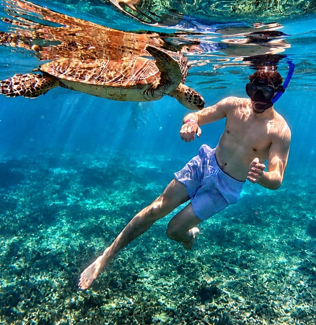 A snorkeller swimming beside a sea turtle near the surface at the Daymaniyat Islands