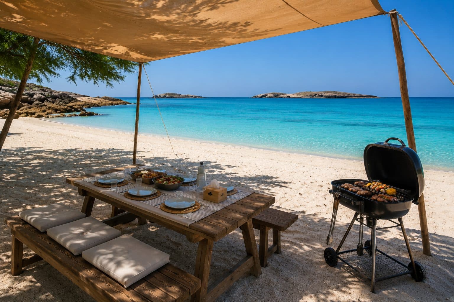 A secluded white-sand beach and cliffs on a Daymaniyat island, the setting for overnight camping