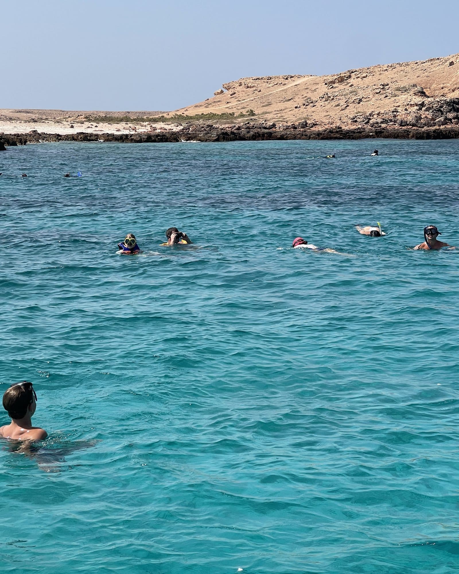 A group snorkelling in a calm turquoise lagoon at the Daymaniyat Islands on a full-day tour