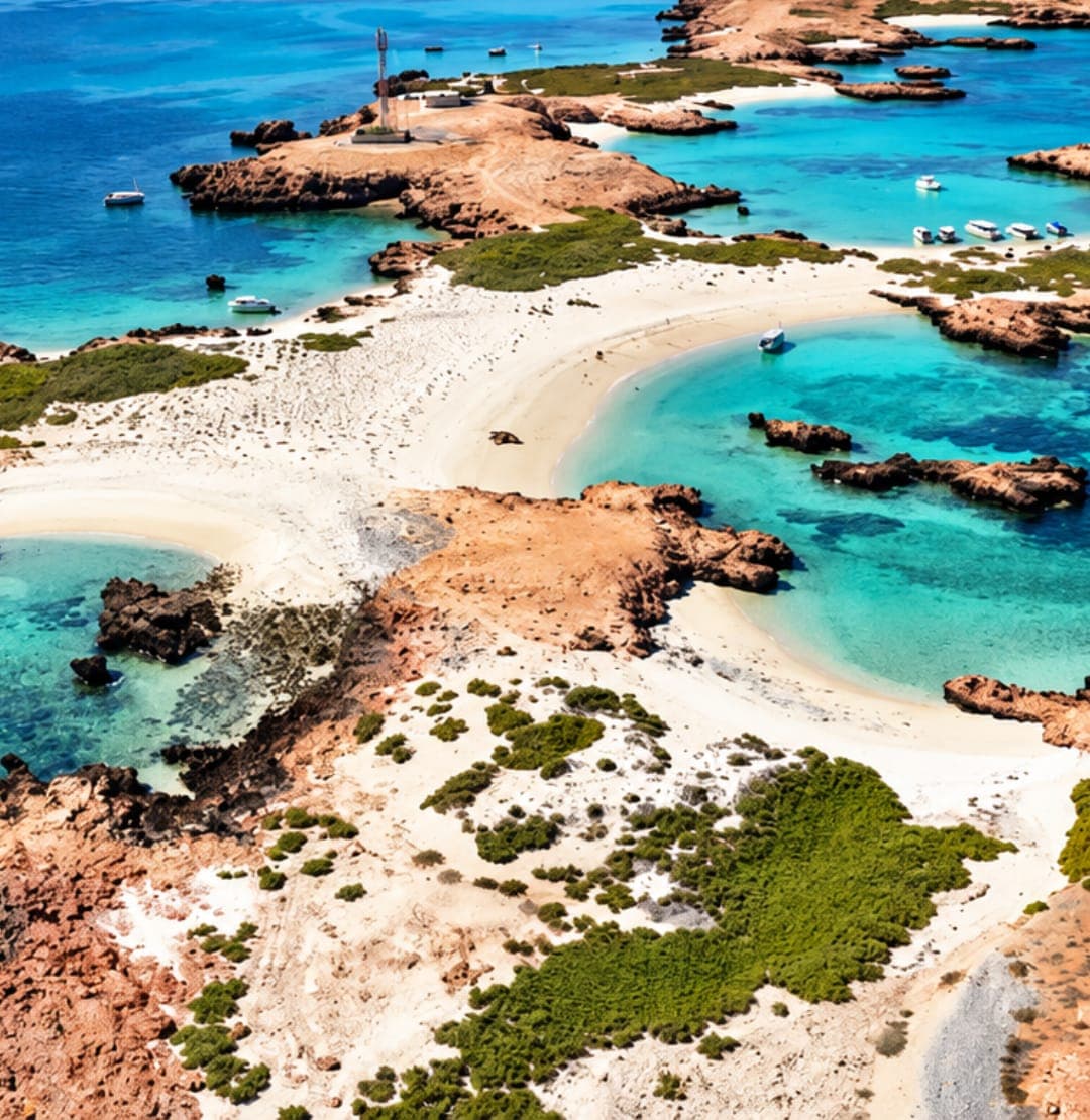 Aerial view of the Daymaniyat Islands' turquoise bays and white-sand beaches, a private boat charter destination from Muscat